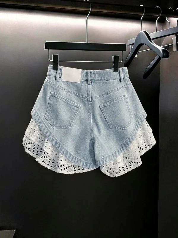 High Waist Lace Splice Washed Denim Shorts Women's Light Color Slimming Short Length Hot Pants Korean Style Commute Casual Su... image 2