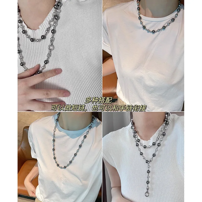 ZLIDIN Vintage Multi-wear Mixed Color Retro Gray Pearl necklace Bracelet Women Cold Wind Plus Long Beaded Sweater Chain