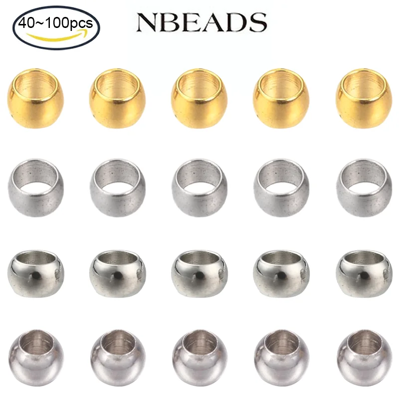 20-100PC 9 Sizes Round Crimp Beads 1-3mm Stainless Steel Beads 2 Colors Metal Bead Loose Beads for Jewelry DIY Making