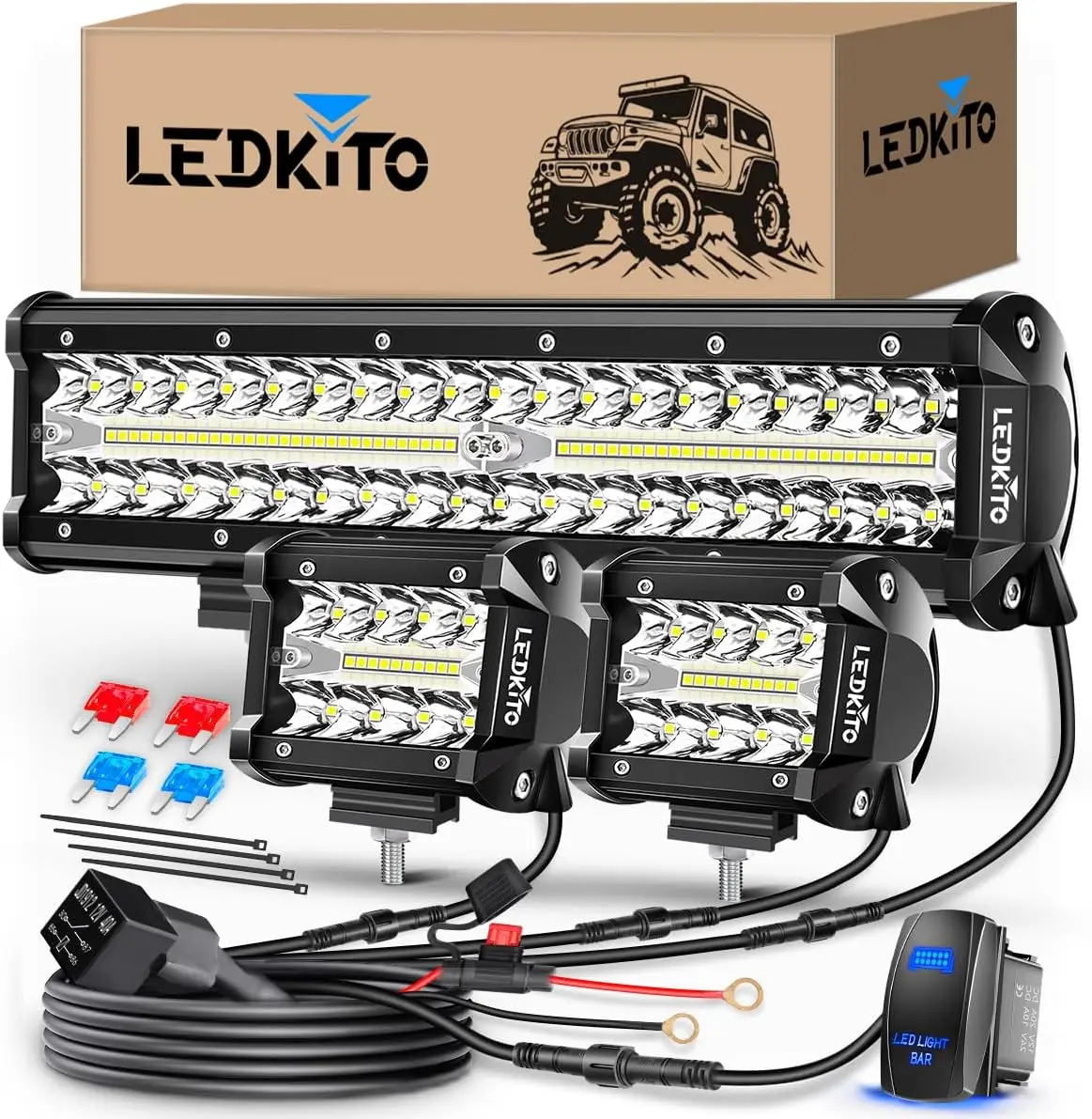 

12Inch LED Light Bar and 2PCS 4Inch Cube Pods with Rocker Switch Wiring Kit for Off-Road Vehicles