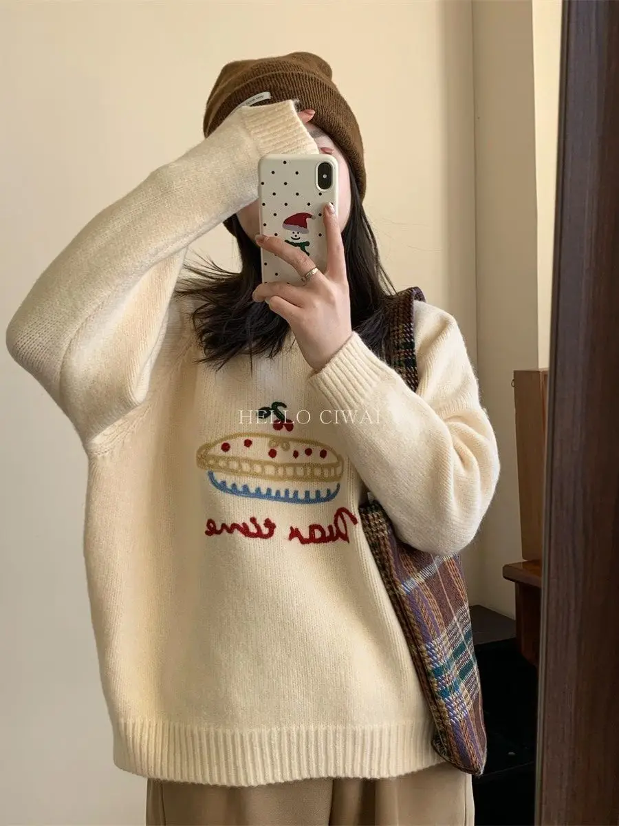 2024 new autumn and winter Korean style round neck fruit cake jacquard sweater lazy thick loose sweater women clothing y2k tops