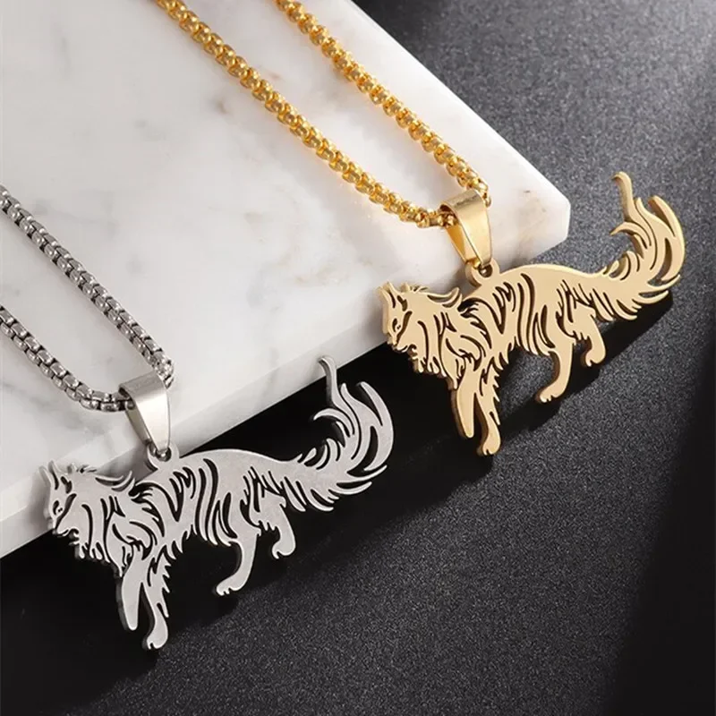 Stainless Steel Engraved Maine Coon Cat Animal Necklace Fashion Personalized Pendant for Men Hip Hop Style Couple Jewelry Gift