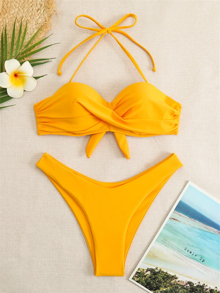 Bikini con Push-Up para mujer, traje de baño con cuello Halter, conjunto de Bikinis con cordones, traje de baño Sexy con Tanga, ropa de playa para