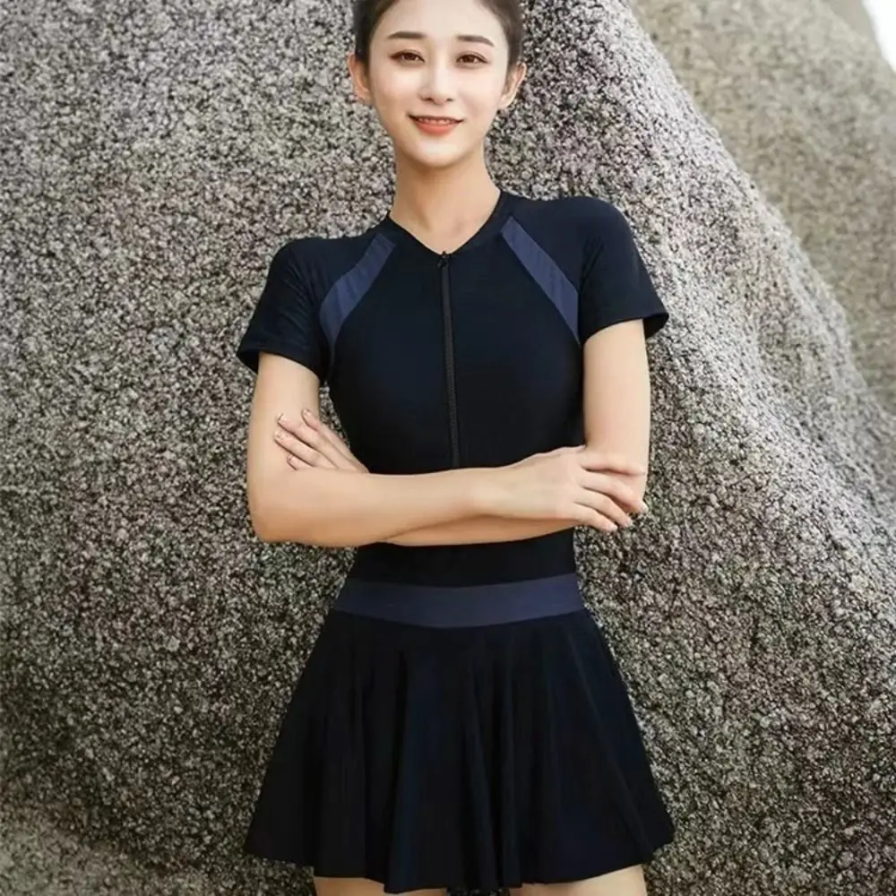 

Solid Color Long Sleeve Zipper Skirt Swimsuit with Padded Ins Hot Spring Swimwear Sporty Style Korean Style