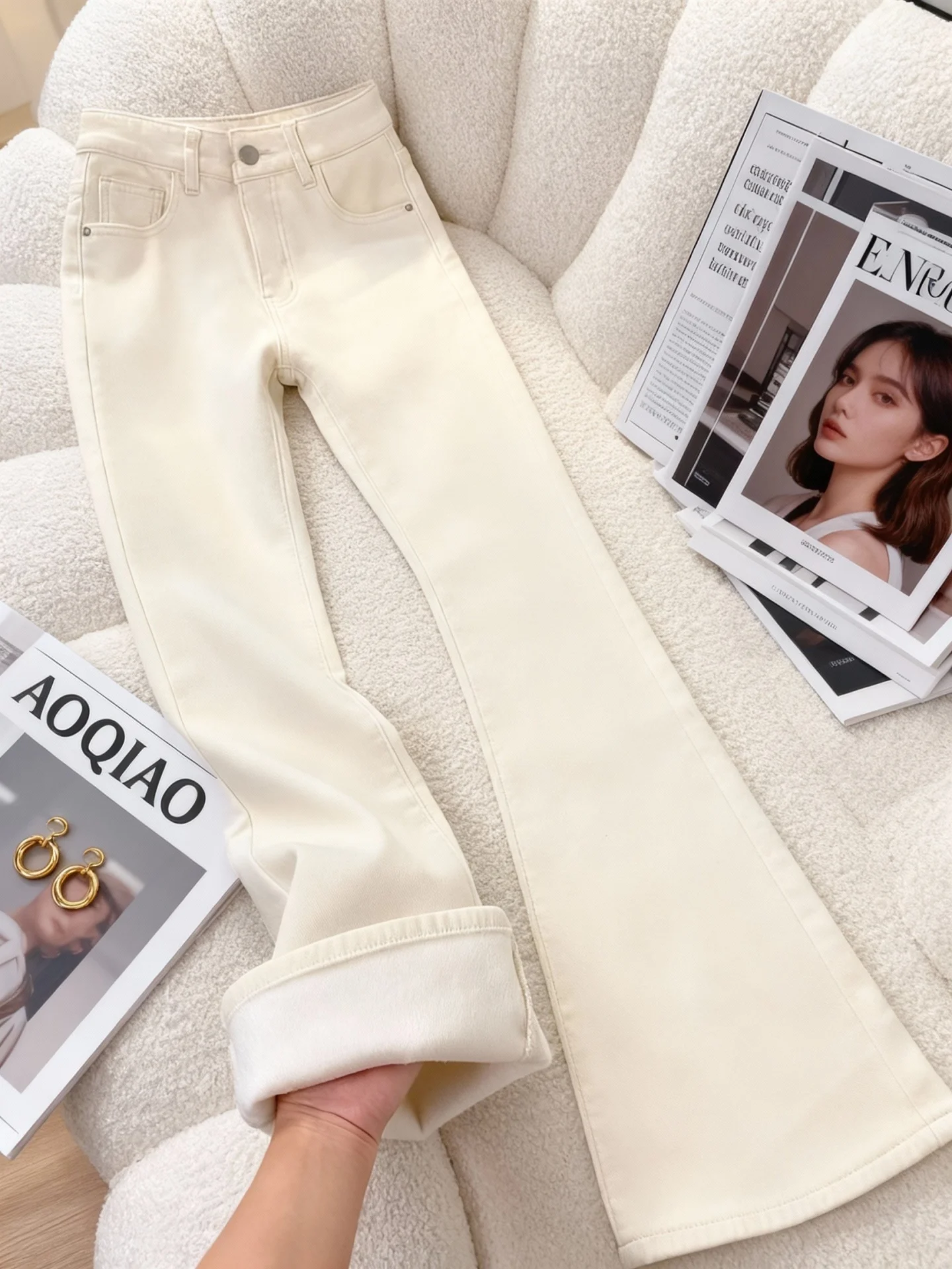 Thiened Fce الشتاء عالية الخصر جرس بوت الجينز المرأة حجم كبير التخسيس مرونة ort حجم كبير السراويل متوهج #1