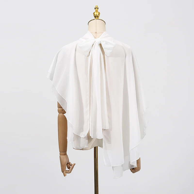 KBQ Solid Spliced Lace Up Irregular Blouse for Women Scarf Collar Sleeveless Temperament Cape Type Chic Shirts Female Fashion