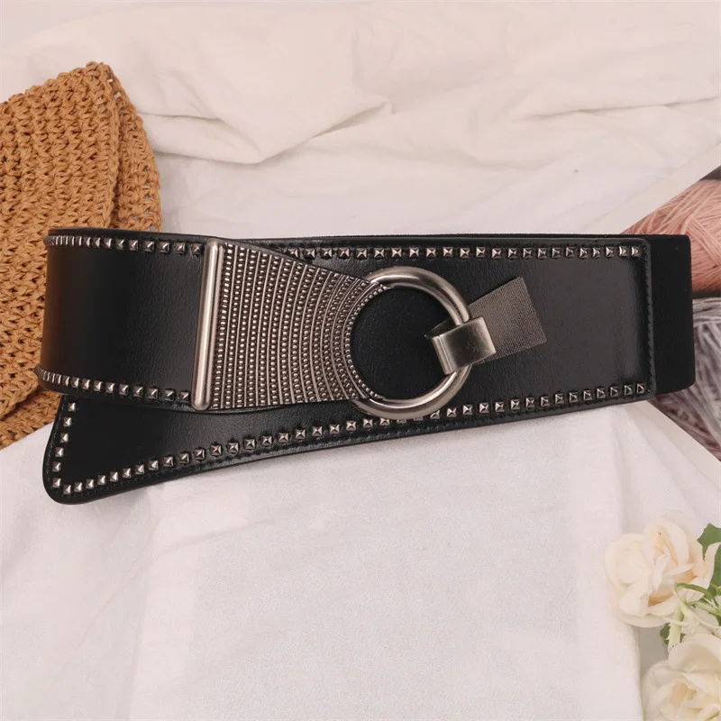 Cintura larga da donna in pelle di vacchetta a due strati, decorazione da donna, cintura da donna nera elasticizzata