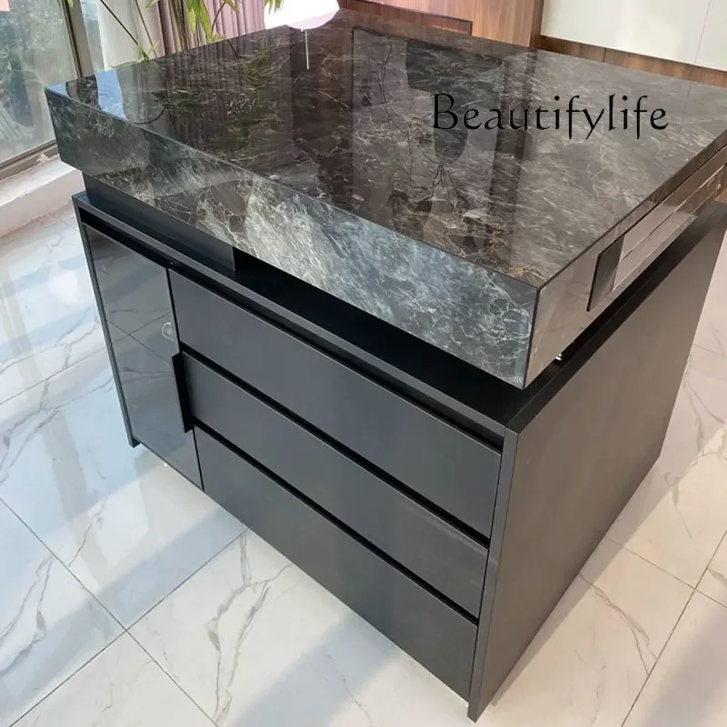 KS Italian light luxury, rock slab, island dining table, multifunctional, extendable, designer, high-end, storage, high-low dini