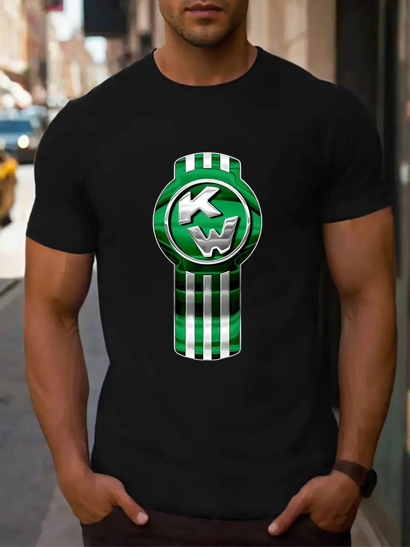 Men's Cotton T-Shirt with Metallic Green KW Emblem Print, Casual Crew Neck Short Sleeve Tee for Daily Wear