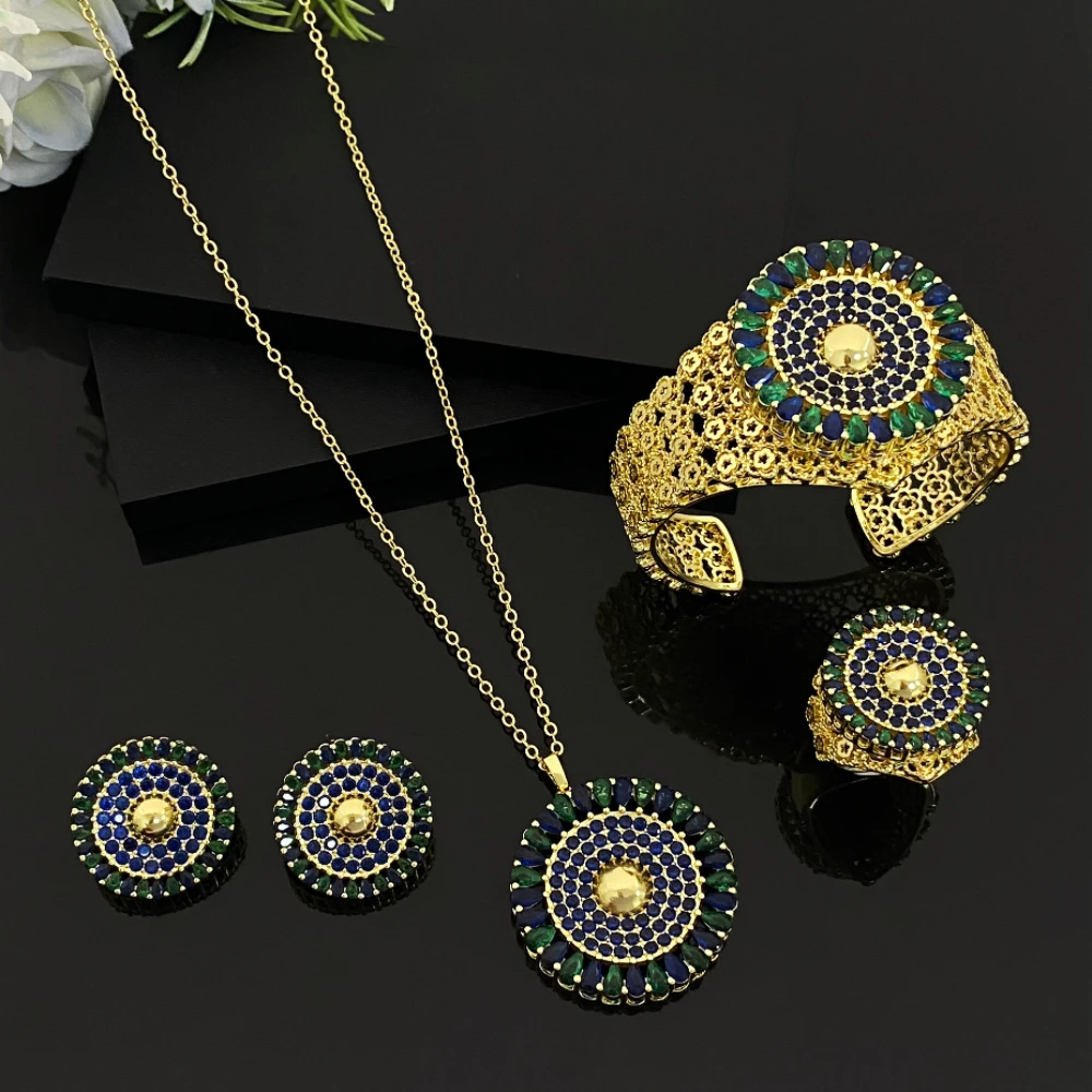 

Flora Morocco Gold Plated Copper Jewelry Set for Women Shiny Zircon Festival Party Bracelet Ring Necklace Earrings