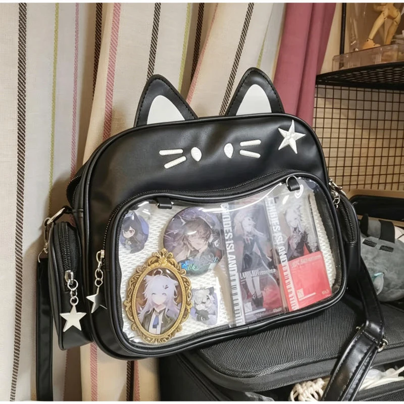Umhängetasche, Katzenförmige Ita-Tasche mit transparentem Sichtfenster für Abzeichen, Pins und Puppen, leichte, niedliche Mode-Rucksäcke – Detail 9