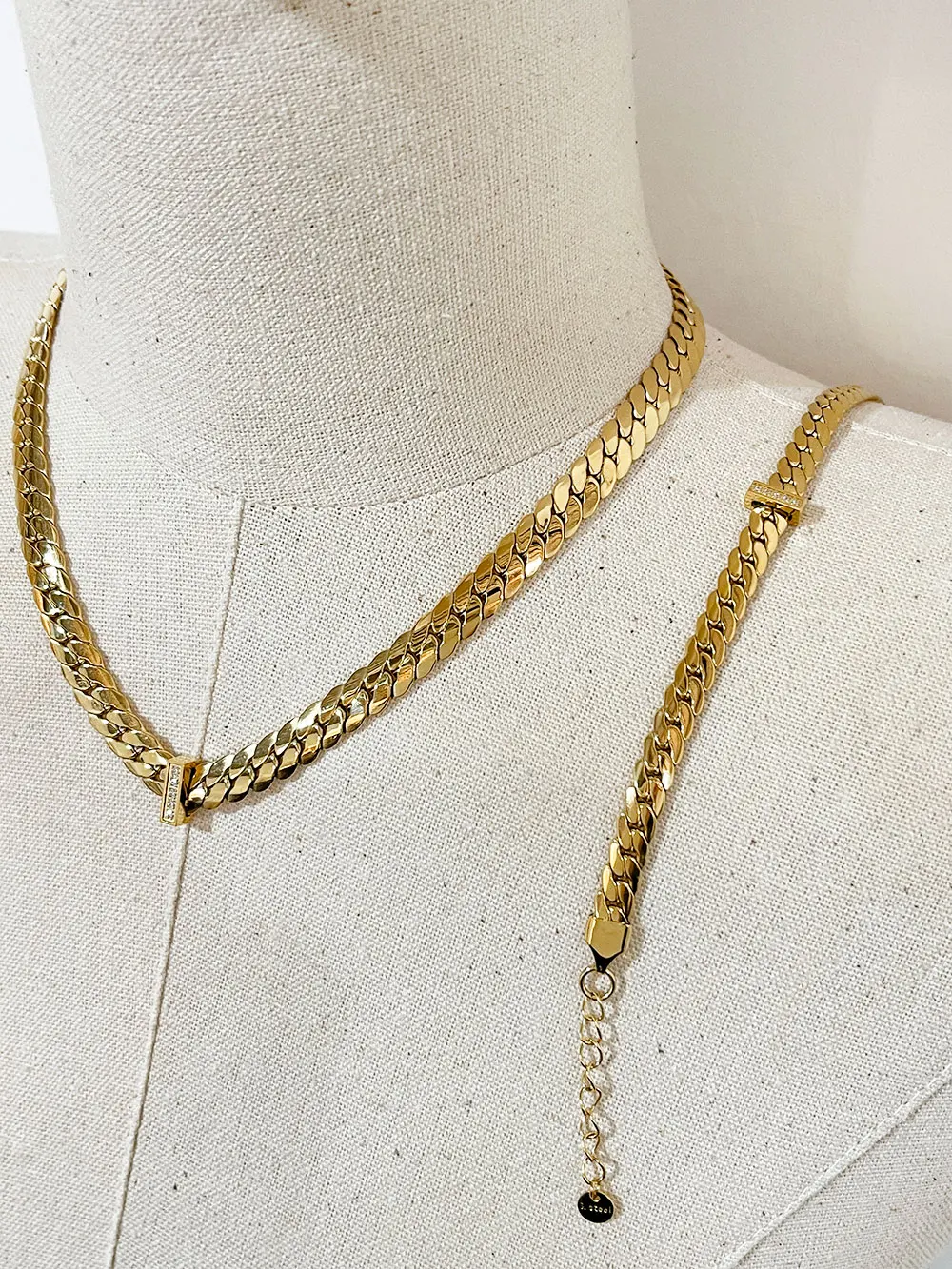 GHIDBK Stainless Steel 18K Gold Plated Flat Thick Curb Chain Choker Necklace with Cz Bar Charm Chunky Wide Link Chain Jewelry