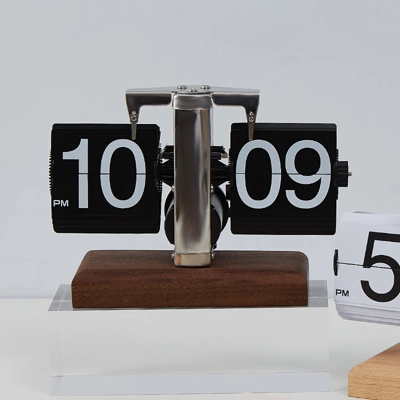 Vintage Table Clock Digital Flip Down Clock Battery Operated Flip Desk Clocks with Black Walnut Wood Base for Home Decorations