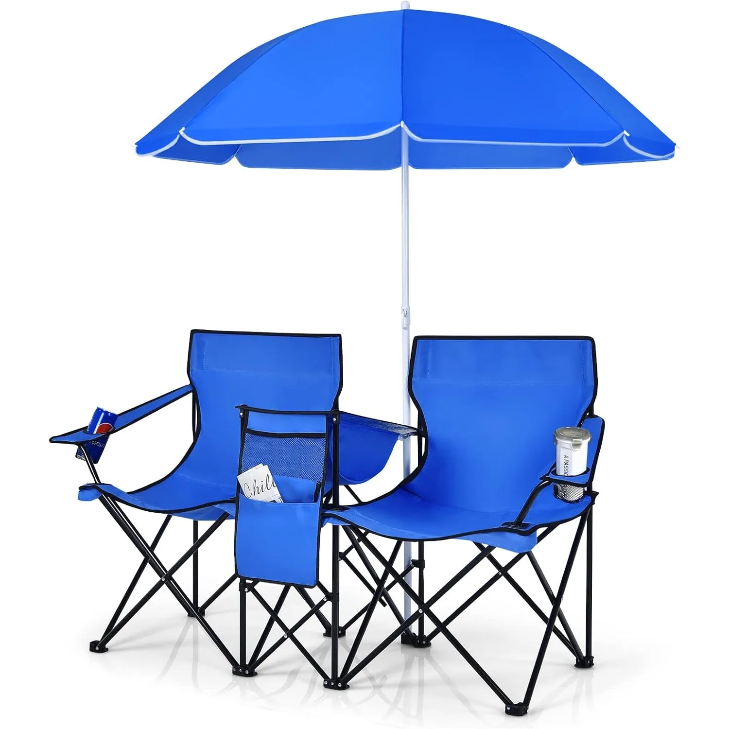 

Double Portable Picnic Chairs, Folding Camping Chairs w/Detachable Umbrella, Cooler Bag, Cup Holders, Patio Beach Camping Chairs