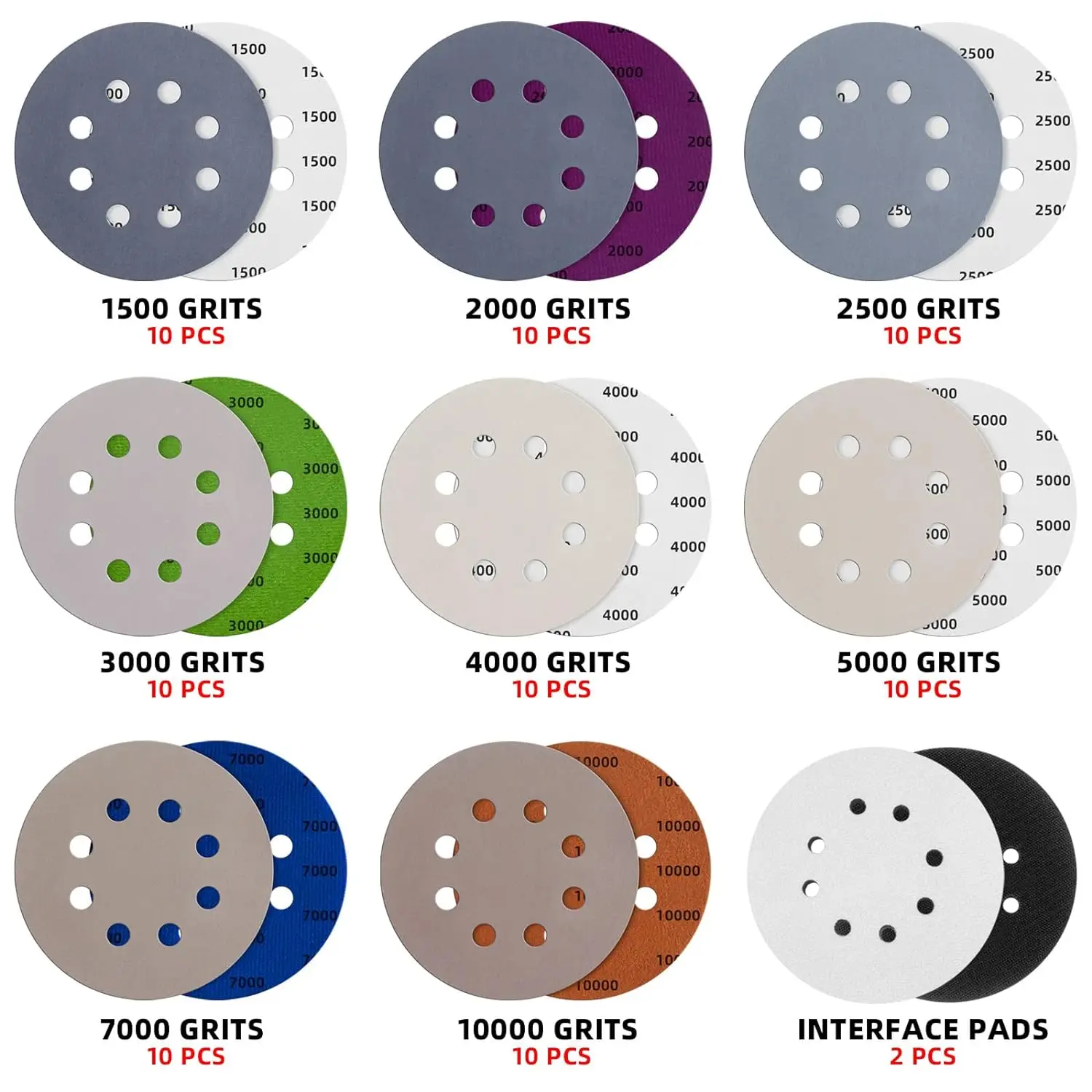 5 Inch 8 Hole Hook and Loop Sanding Discs 82 Pcs Assorted 1500/2000/2500/3000/4000/5000/7000/10000 Grits with Interface Pad