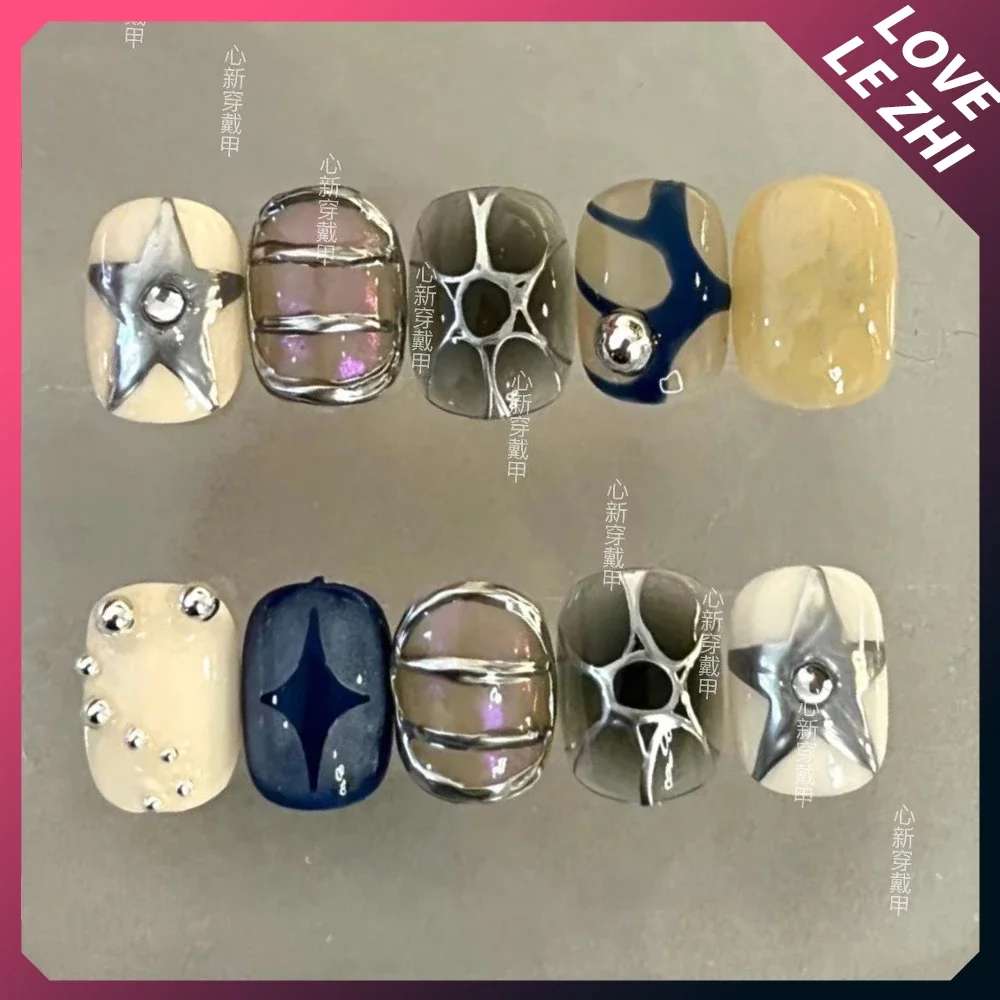 Diy Short Round Creativity Funny Fashion Press On Nails Spider Glasses Silver Five-Pointed Star Cute Cat Handmade Nails Gift