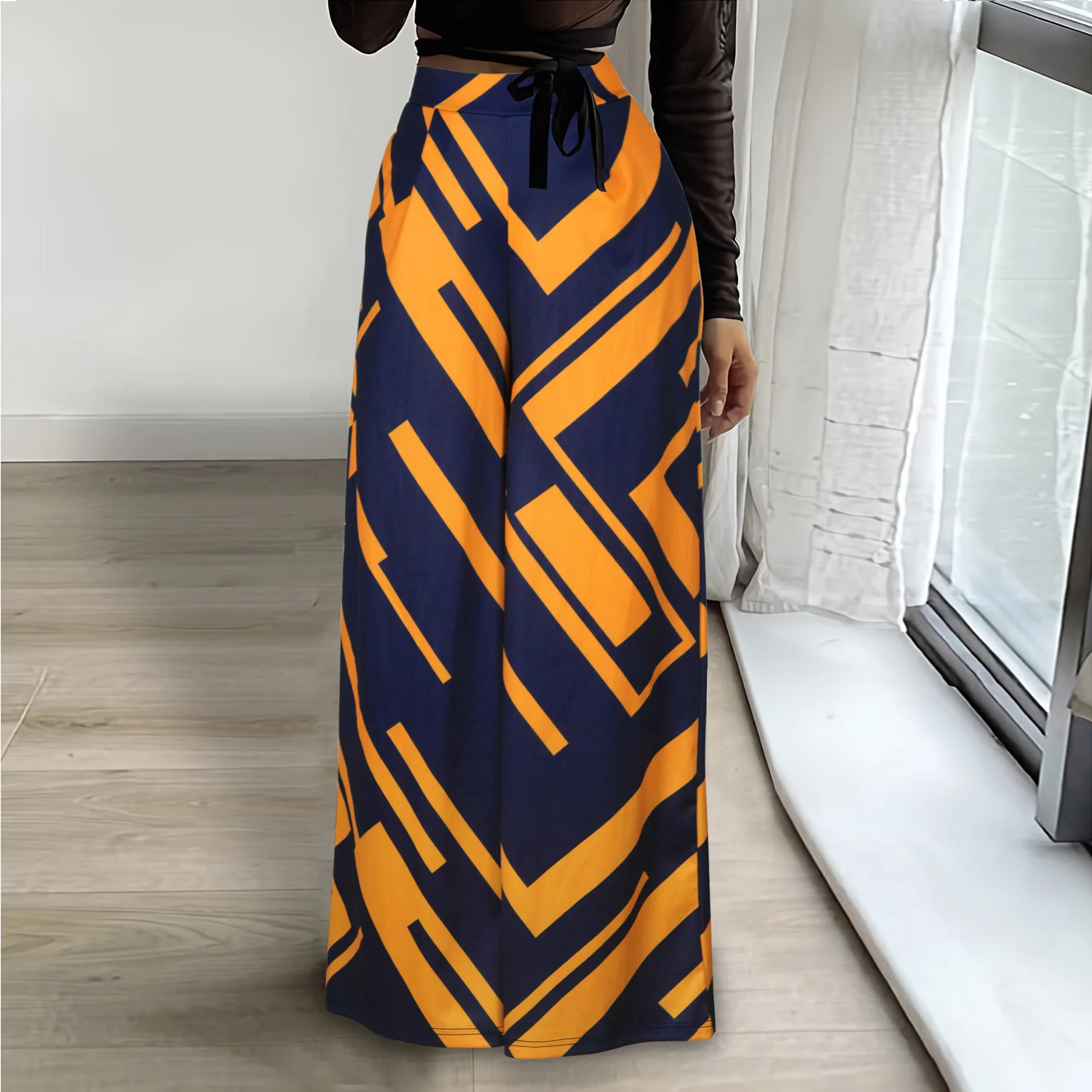 Spring Fall Fashion Loose-Fit High-Waisted Wide-Leg Pants European and American Style Geometric Print Straight-Leg Casual Pants