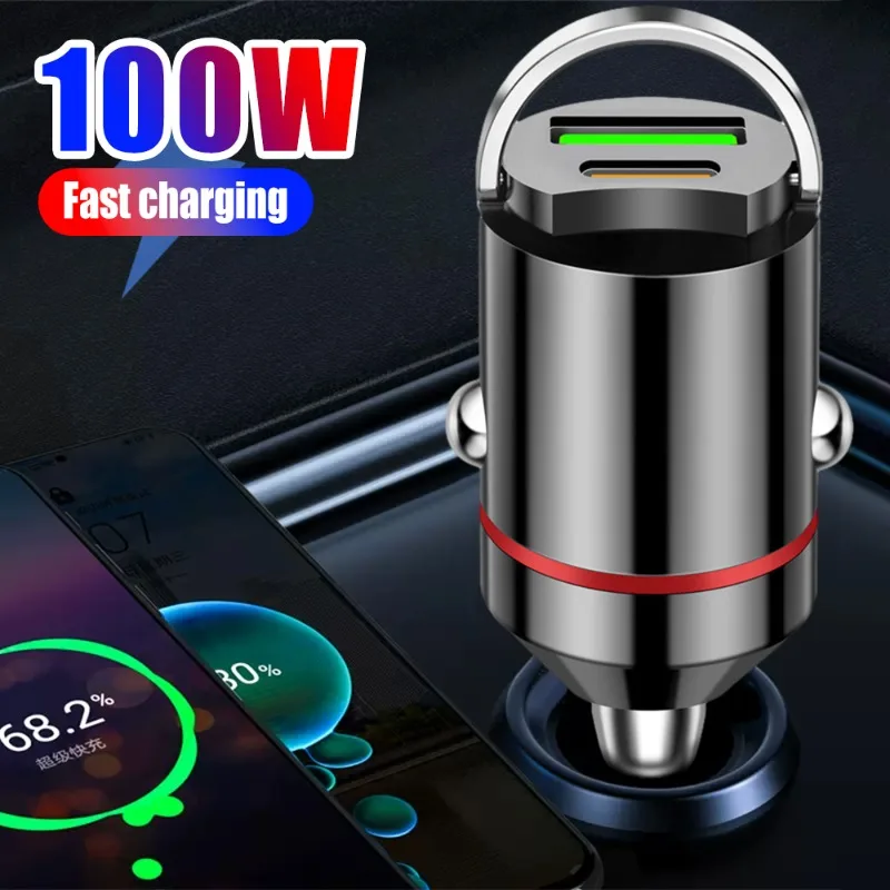 100W PD+usb New Car Charger Plastic Pull Ring Invisible Super Fast Charge Mini Hidden Flash Charge Multi-function Car Charger