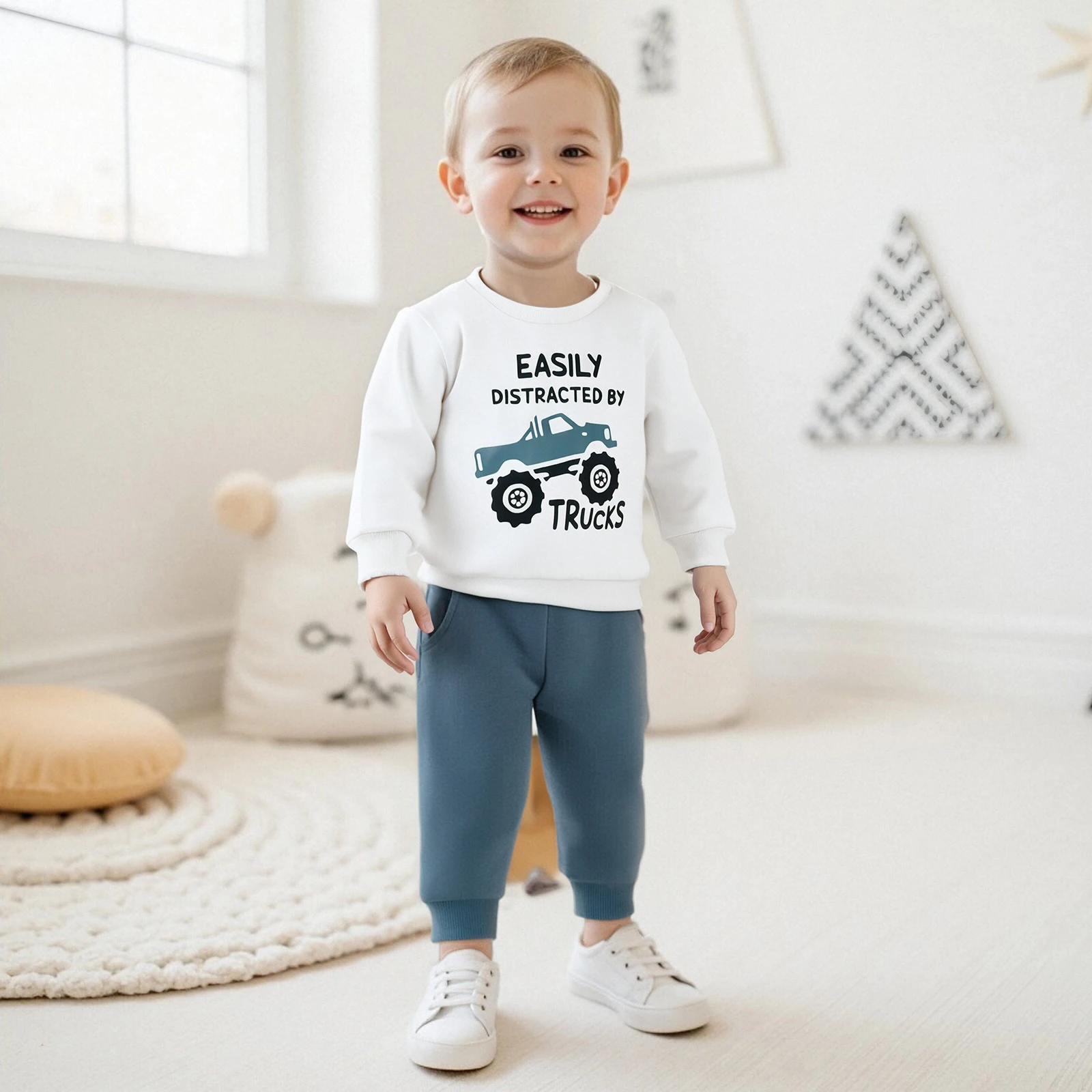Toddler Baby Boys Fall Set Truck and Letter Pattern Long Sleeve Round Neck Pullover Elastic Waist Bow Pants 2 Pcs Outfits 6M-5T
