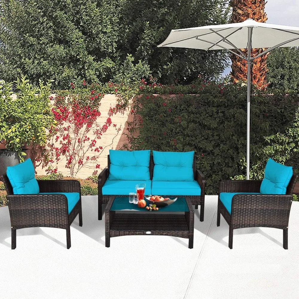 4-Piece Patio Furniture Set Outdoor Rattan Wicker Conversation Set with Coffee Table, Sectional Sofa Bistro Set with Cushions