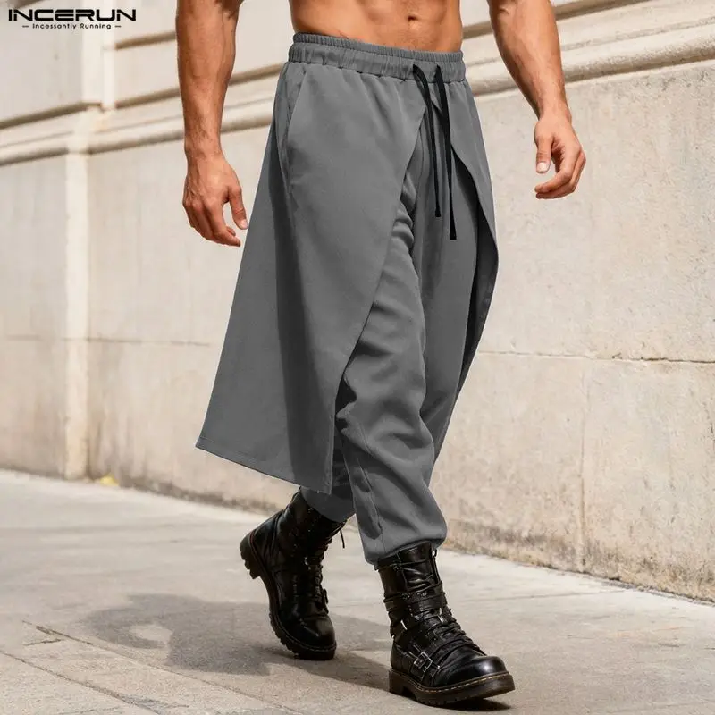 INCERUN Men Irregular Pants Solid Color Drawstring Joggers Loose Casual Trousers Men Streetwear 2026 Fashion Male Long Pants
