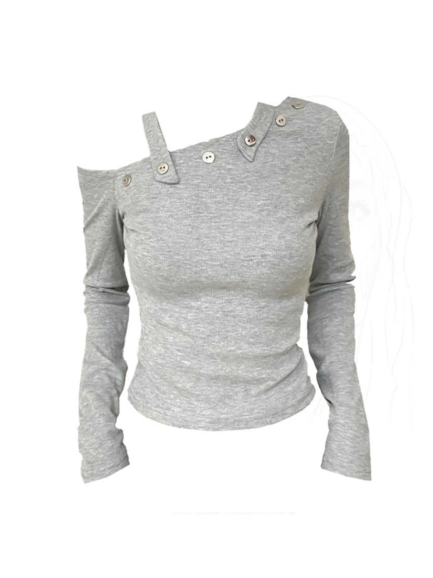 

Women's Grey V-Neck T-shirt Y2k Solid Color Tee Top Vintage 90s Aesthetic Long Sleeve Oversize T-shirts 2000s Clothes 2025 New