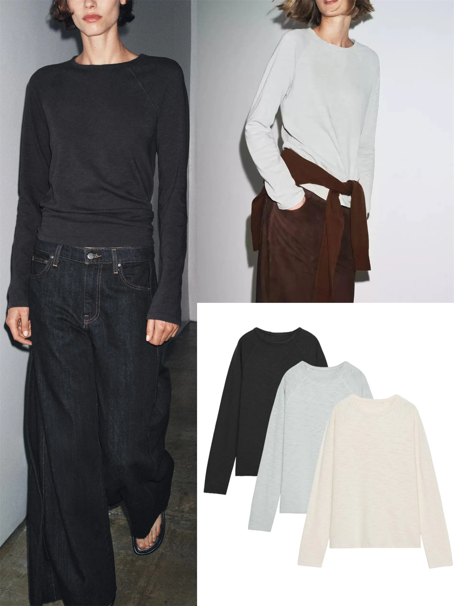 قميص نسائي جديد للخريف بتصميم بسيط وأنيق، مصنوع من القطن بأكمام طويلة وياقة مستديرة، مع تصميم مميز عند الكتف، مريح وعصري