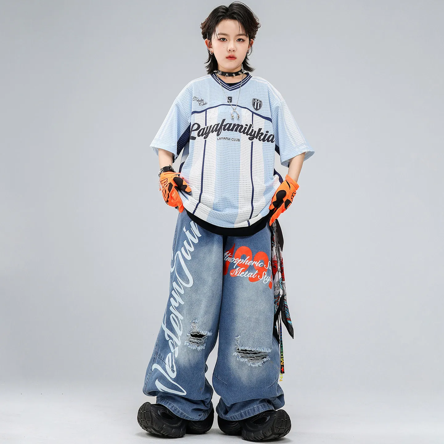 Hip Hop Boys Mesh Striped T-shirt Ripped Jeans Girls K-pop Street Dance Clothes Sets Kids Jazz Costumes Children Streetwear