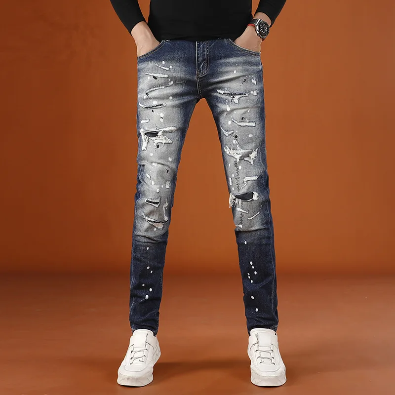 Осенние винтажные рваные брюки мужские 2025 новые высококачественные модные уличные стильные персонализированные красивые эластичные джинсы