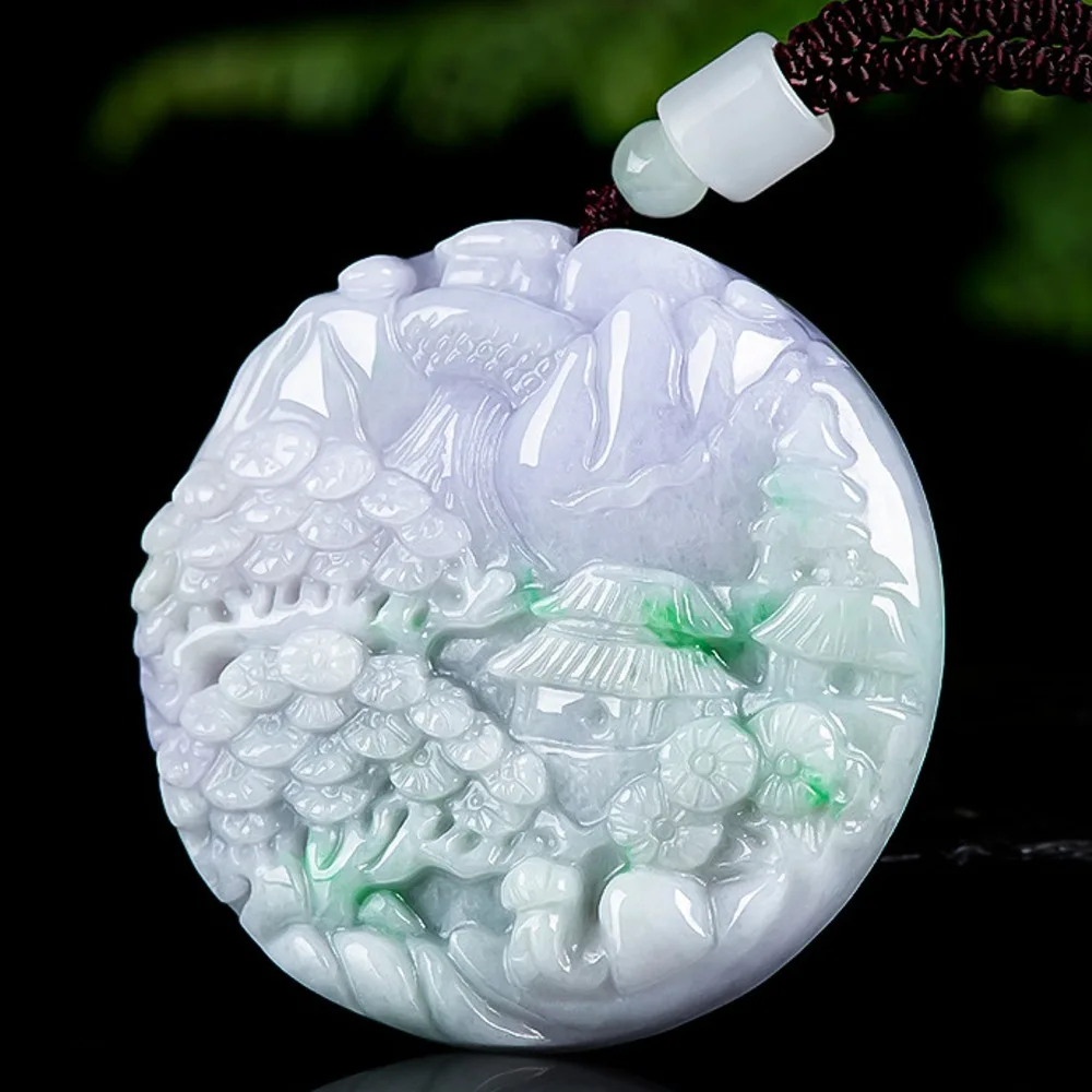 

Natural Grade A Jade Jadeite Men Women Lucky Carved Landscape Round Pendant