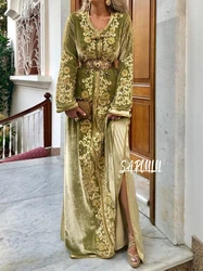 Green Elegant V-neck Evening Dresses Velvet Long Sleeve Prom Dress Caftan Appliques Floor-length Gown Robe De Mariée Customized