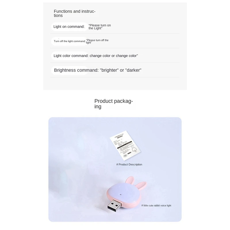 USB-лампа для чтения, 2 шт., мини-светильник в виде кролика, умный голос, 3 цвета, настольная лампа для спальни, детской комнаты, розовый + белый, простая в использовании
