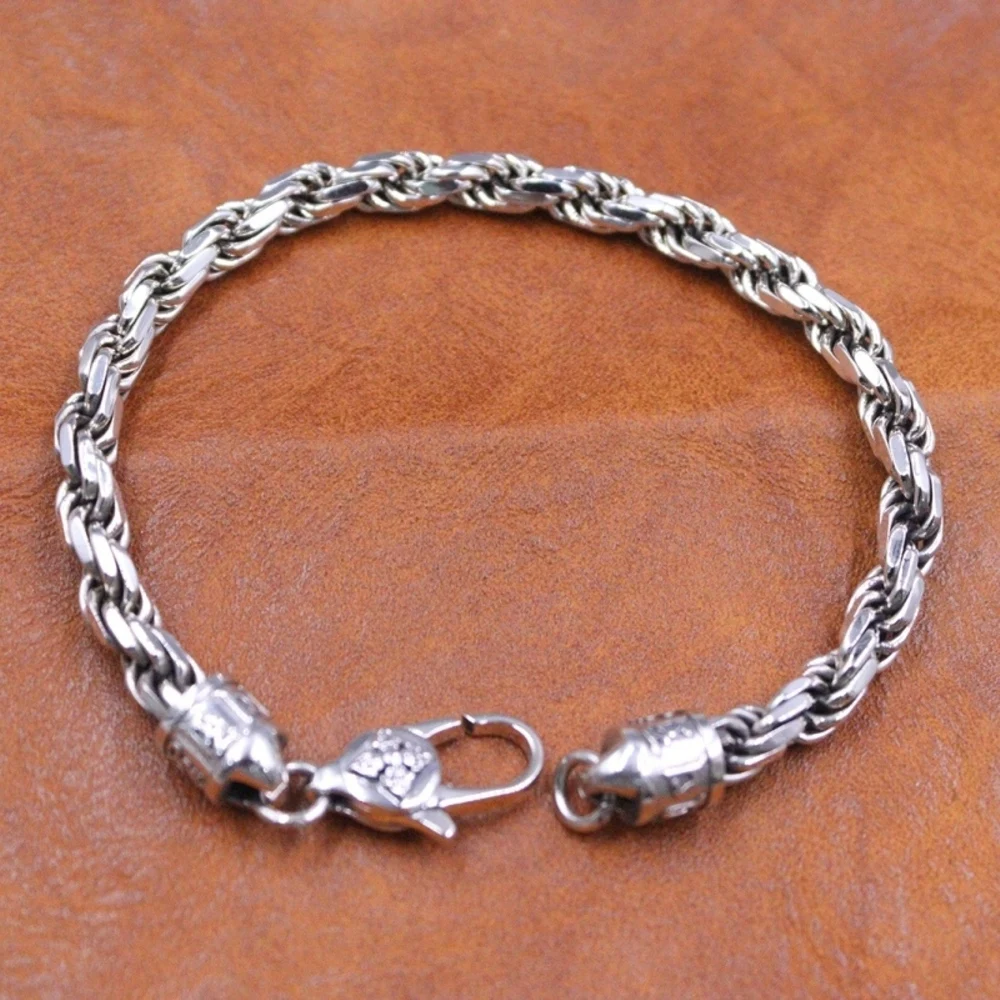 Real Solid 925 Sterling Silver Chain Men Mantra 5mm Twist Rope Bracelet 23-24g/20cm