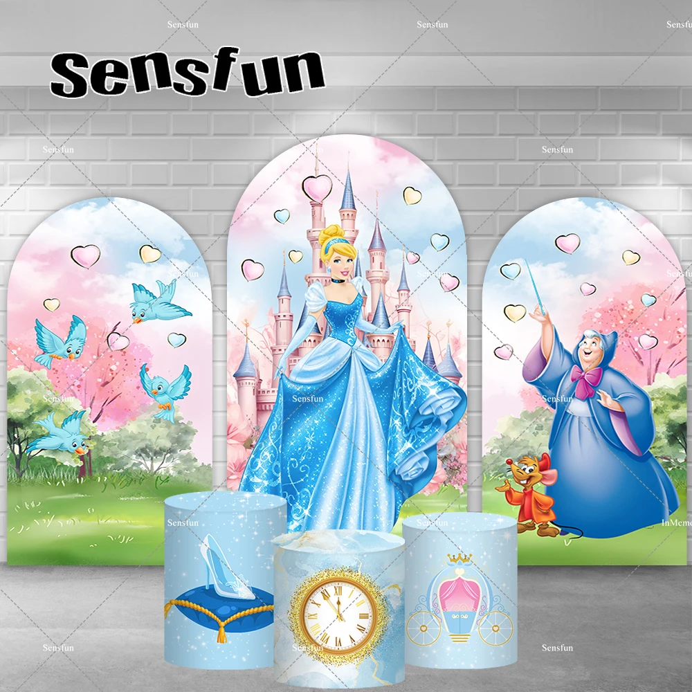 Disney Cinderella Princess Arch Backdrops Blue Dress Blonde Princess Background Girls Birthday Table Banner Covers Supplier