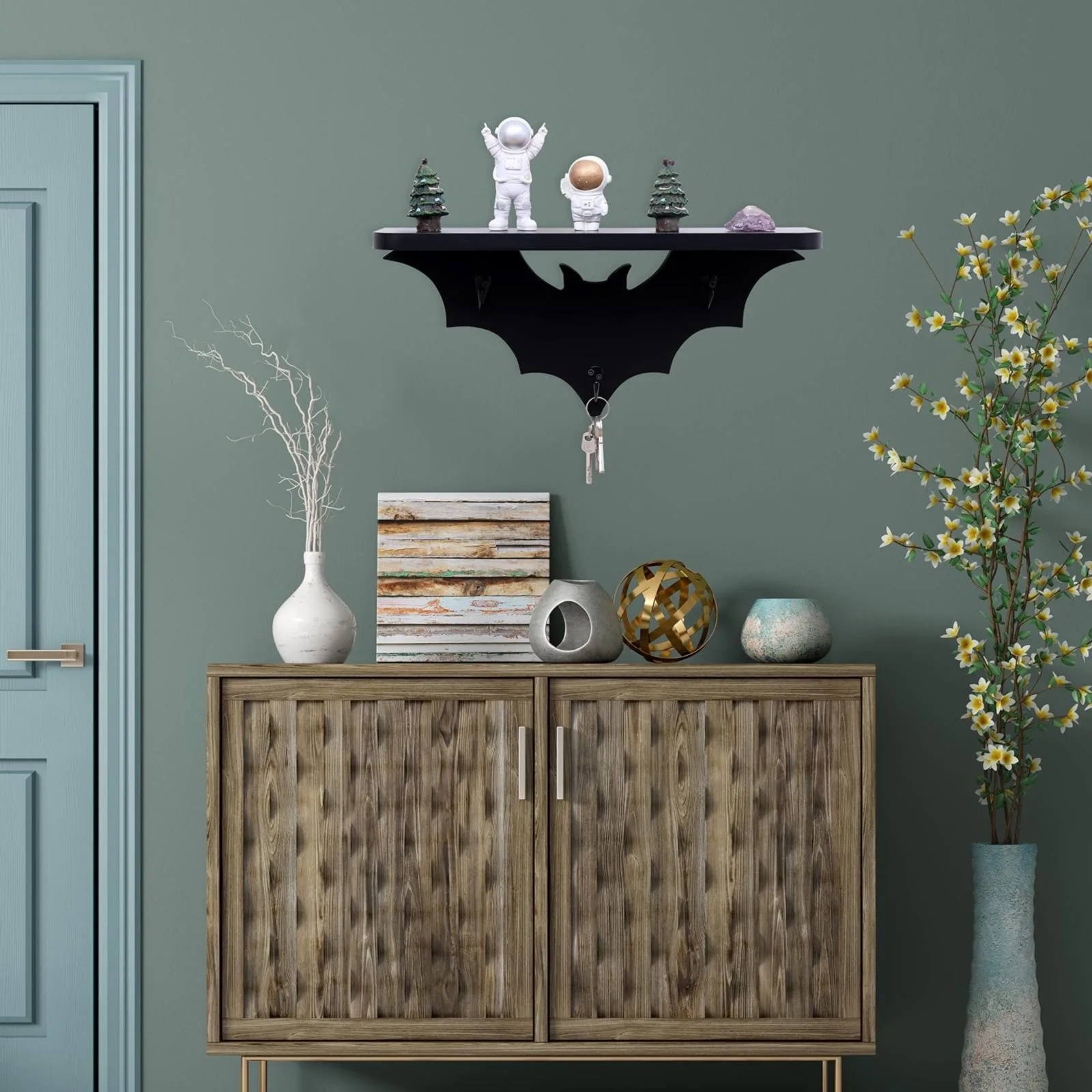 Étagère Gothique à Chauve-Souris Noire avec 3 Crochets à Clés, Décoration Murale pour Chambre à Coucher, Présentoir Mural pour la Maison