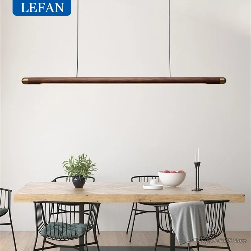 Walnut Wood Dining Chandelier - Simple Strip Hanging Lamp for Kitchen, Home Decor & Indoor Lighting