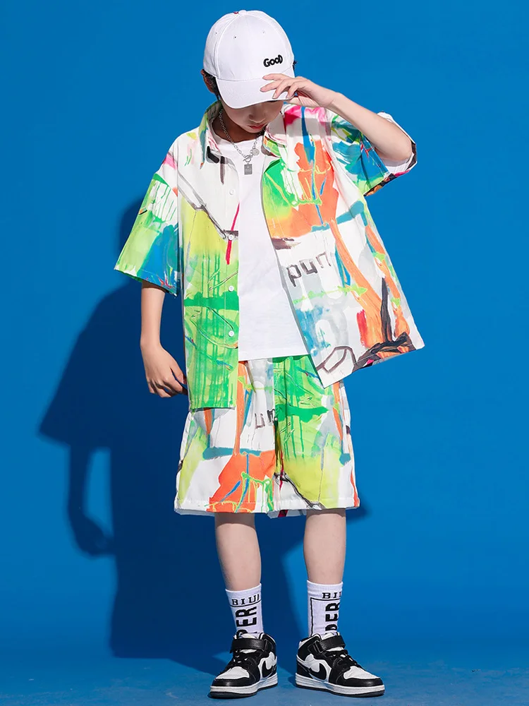 Groene Graffiti Shirts Shorts Zomer Hip Hop Kinderen Danskostuum Jongens Drum Show Outfits Meisjes Jazzdans Kleding Rave Wear