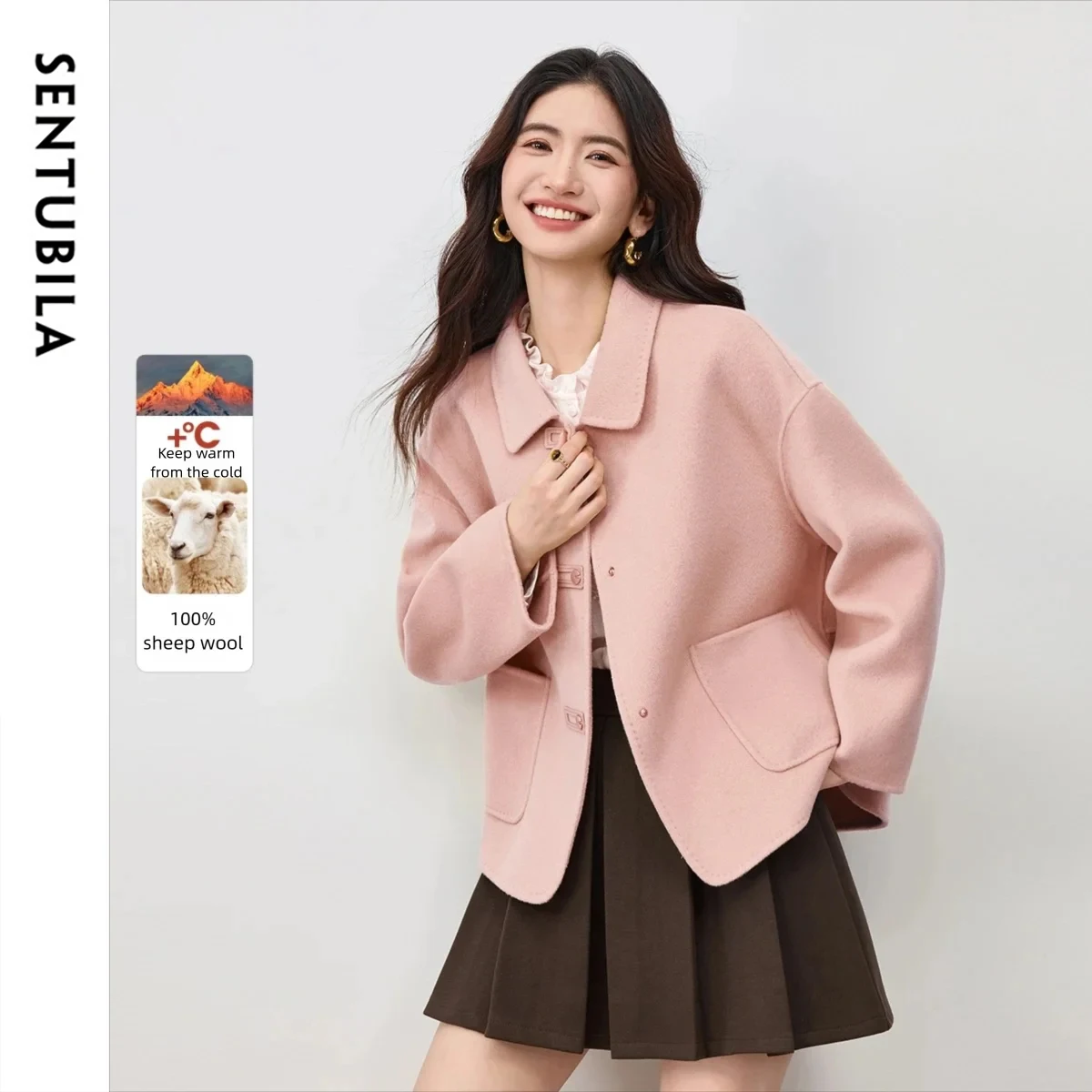 

SENTUBILA элегантные шерстяные пальто женские 202, осенне-зимние куртки с отложным воротником, теплая верхняя одежда с длинными рукавами W54OG3693X