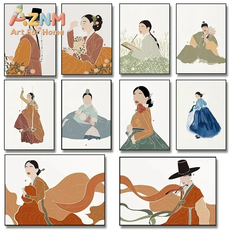 AZNM Minimalist Korean Hanbok Figure Canvas Painting, Traditional Korean Men Women Portrait Line Art Print, Boho Neutral Orienta