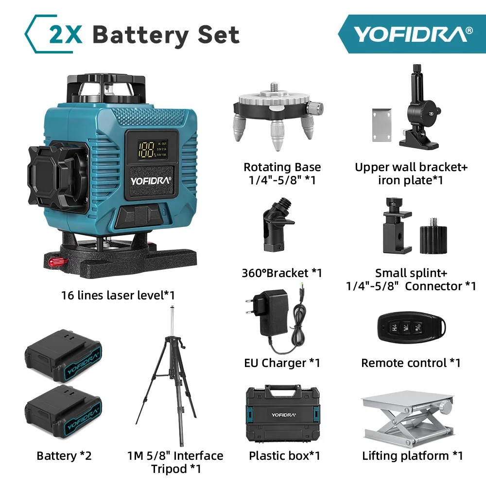 YOFIDRA 16-lijns laserwaterpas groene lijn horizontaal verticaal 360° °   Zelfnivellerende superkrachtige laserwaterpas met APP-afstandsbediening - afbeelding 1