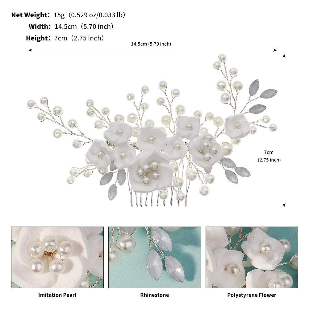 Elegante weiße Polymer Clay Blumen Damen Haarkämme Mode Kristall Perle Haarnadeln Braut Hochzeit Kopfschmuck Schmuck – Detail 7