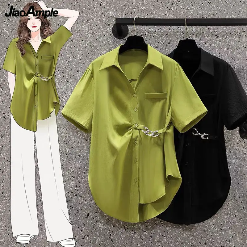 

Women Casual Loose Summer Shirts 2022 Office Lady Graceful Personality Metal Chain Short Sleeve Green Blouse Streetwear Female