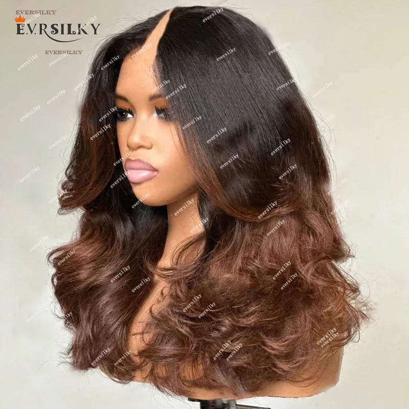 Ombre Dark Brown Wavy Human Hair V /U Part Wigs for Black Women Glueless Ash Blonde 250Density Full Machine Made Wigs Easy Wear