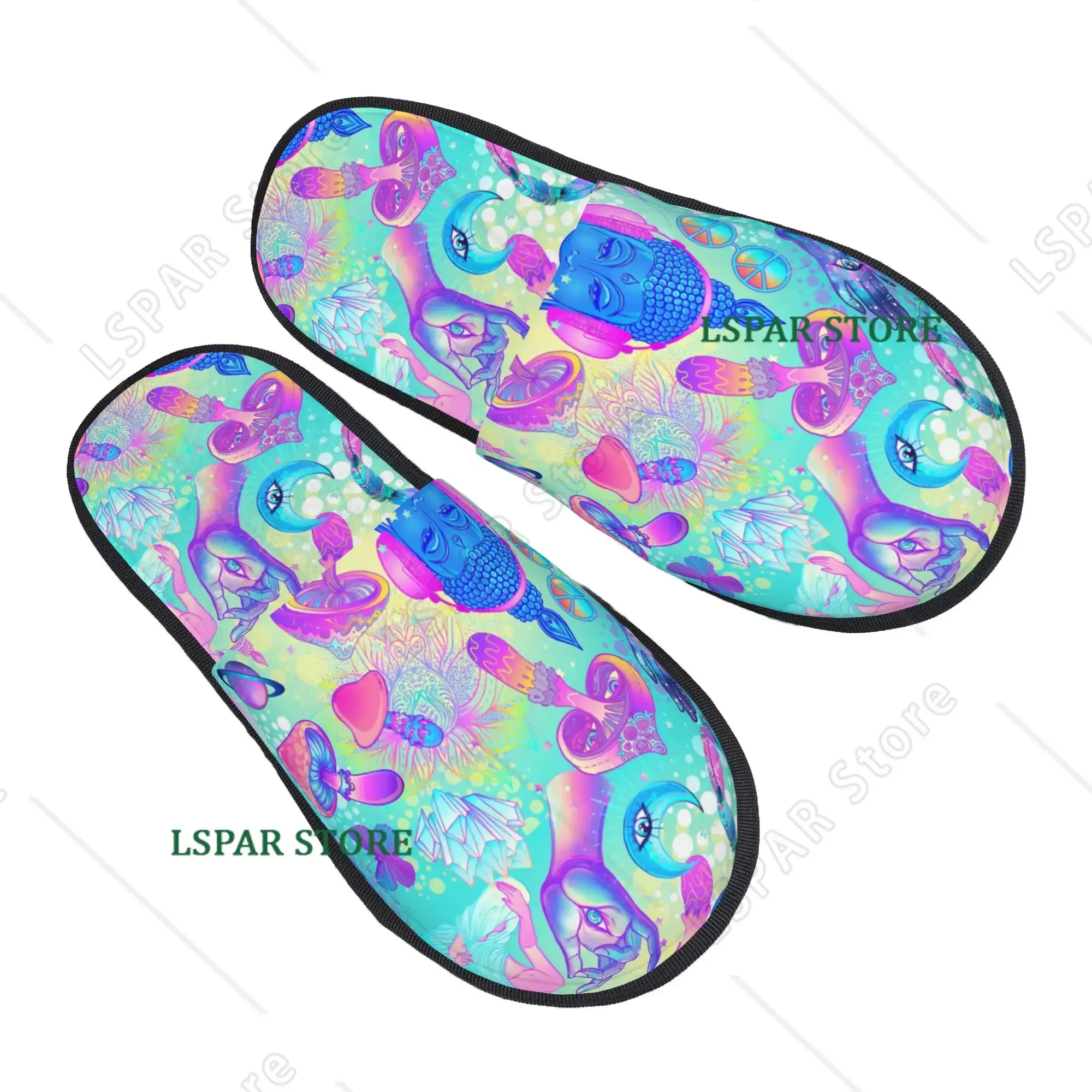 Psychedelic Magic Mushrooms Non‑Slip Couple Family Bedroom Dorm Apartment Cotton Slippers Trippy Pattern Indoor Warm Slippers