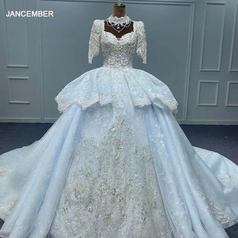 

Luxury Wedding Gown For Bride 2023 Organza Ball Gown High Neck Princess Wedding Dress Appliques Pearls Lace MN157 Robe De Mariée