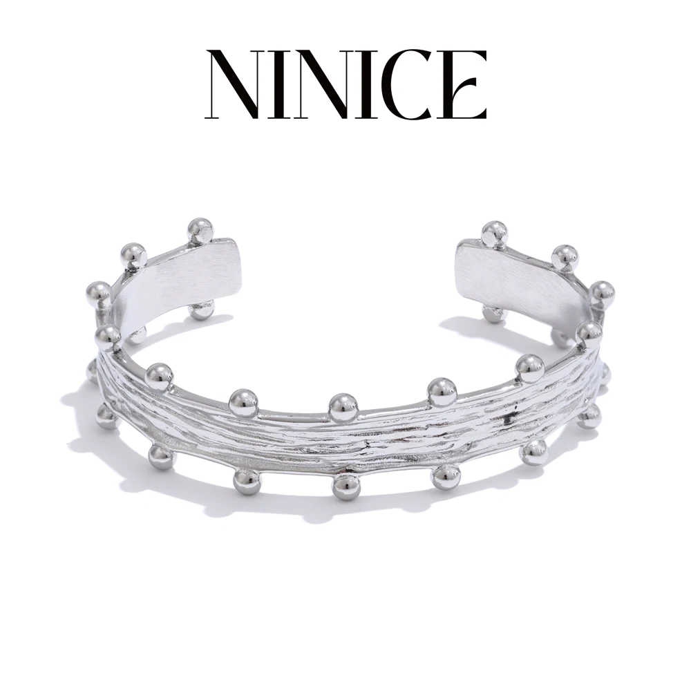 

NiNice 316L Stainless Steel Polished Striped Beads Open Metal Bracelet Bangle Popular Attractive Jewelry 2025