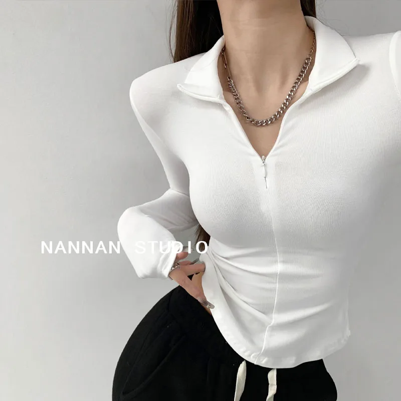 American Style Hottie Slim Sexy Corset Undershirt Women Summer Lapel Collar Invisible Zipper Long Sleeved Multicolor Casual Tops