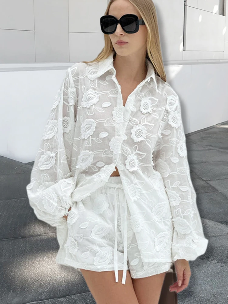 Casual Two Piece Women Solid Embroidered Top Shorts Suits 2024 Fashion Long Sleeve Shirts  A-line Short Sets Outfits Streetwear