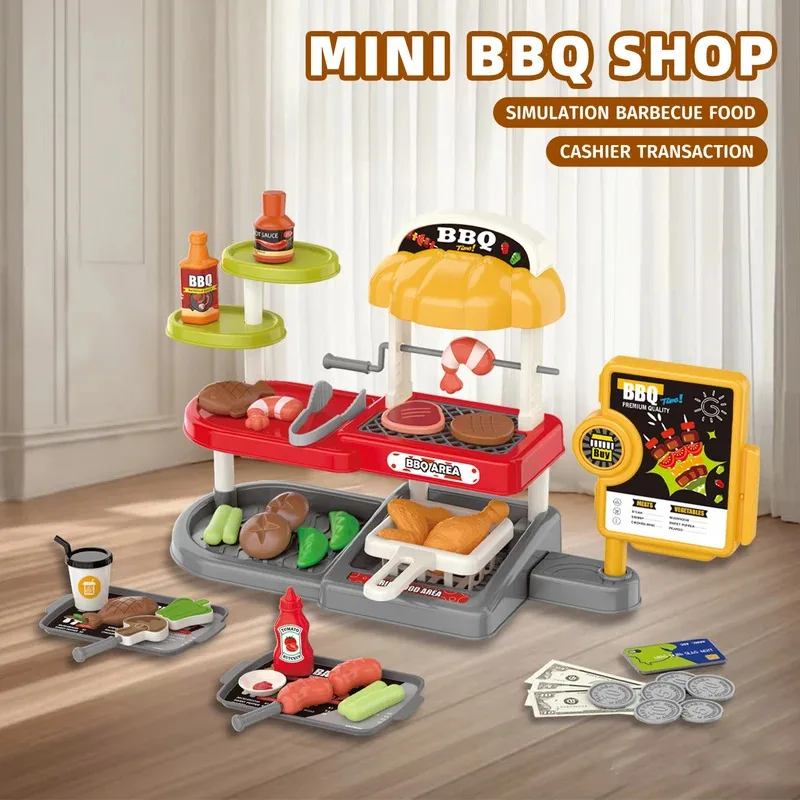 56 ชิ้นเด็กมินิบาร์บีคิวย่างชุดของเล่นแกล้งทําเป็นบาร์บีคิวครัวของเล่นตัดอาหารลงทะเบียนเงินสดและอุปกรณ์เสริมสําหรับเด็ก