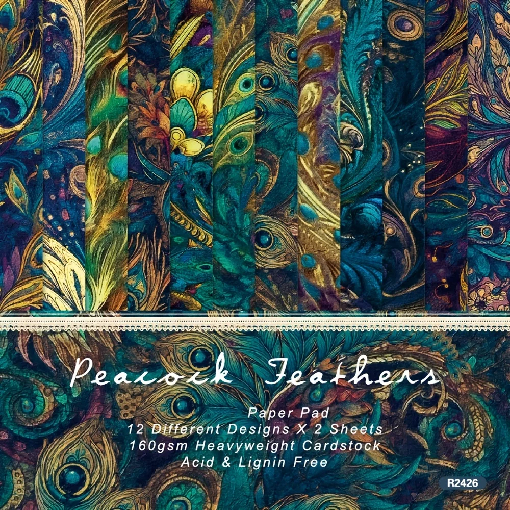 24 hojas de papel de 6 "X 6" con diseño de plumas de pavo real, papel para manualidades decorativas, álbum de recortes, tarjetas hechas a mano DIY